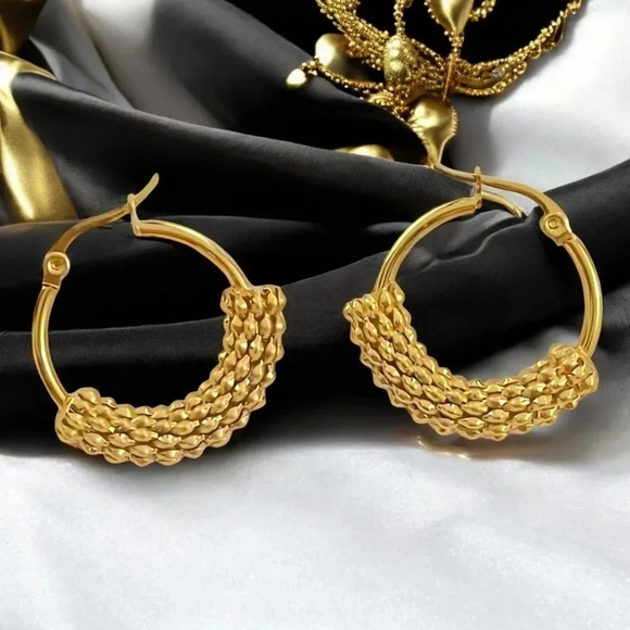 🆕 18K Gold Plated Textured Beaded Hoop Earrings | Bold & Chic Trendy Statement - Picture 1 of 11